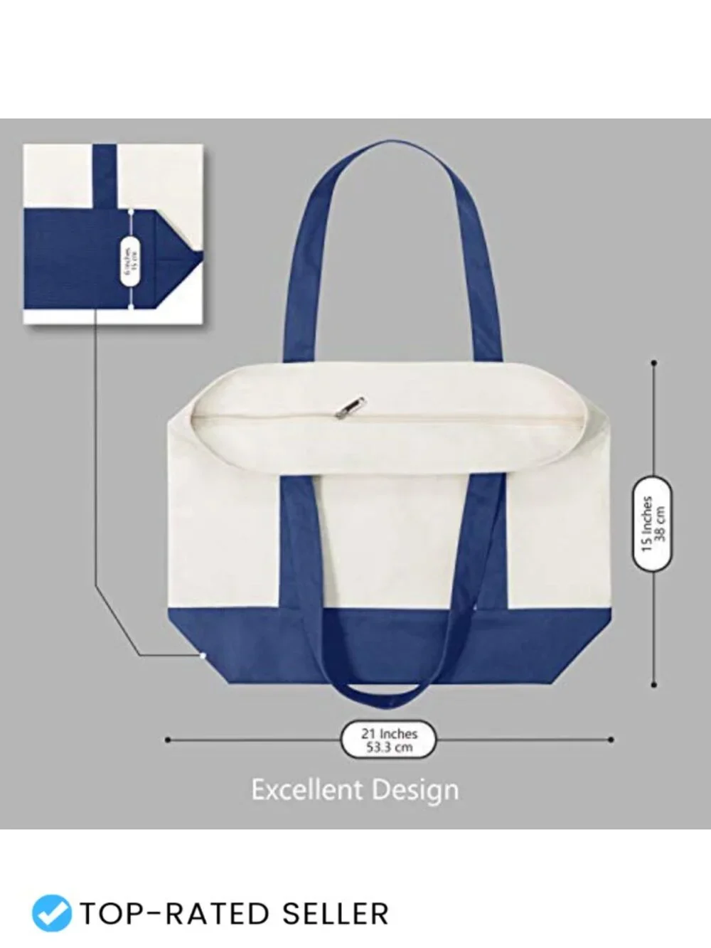 Reusable Canvas Tote Bag with Zipper Pocket Heavy Duty Cotton Grocery Shopping